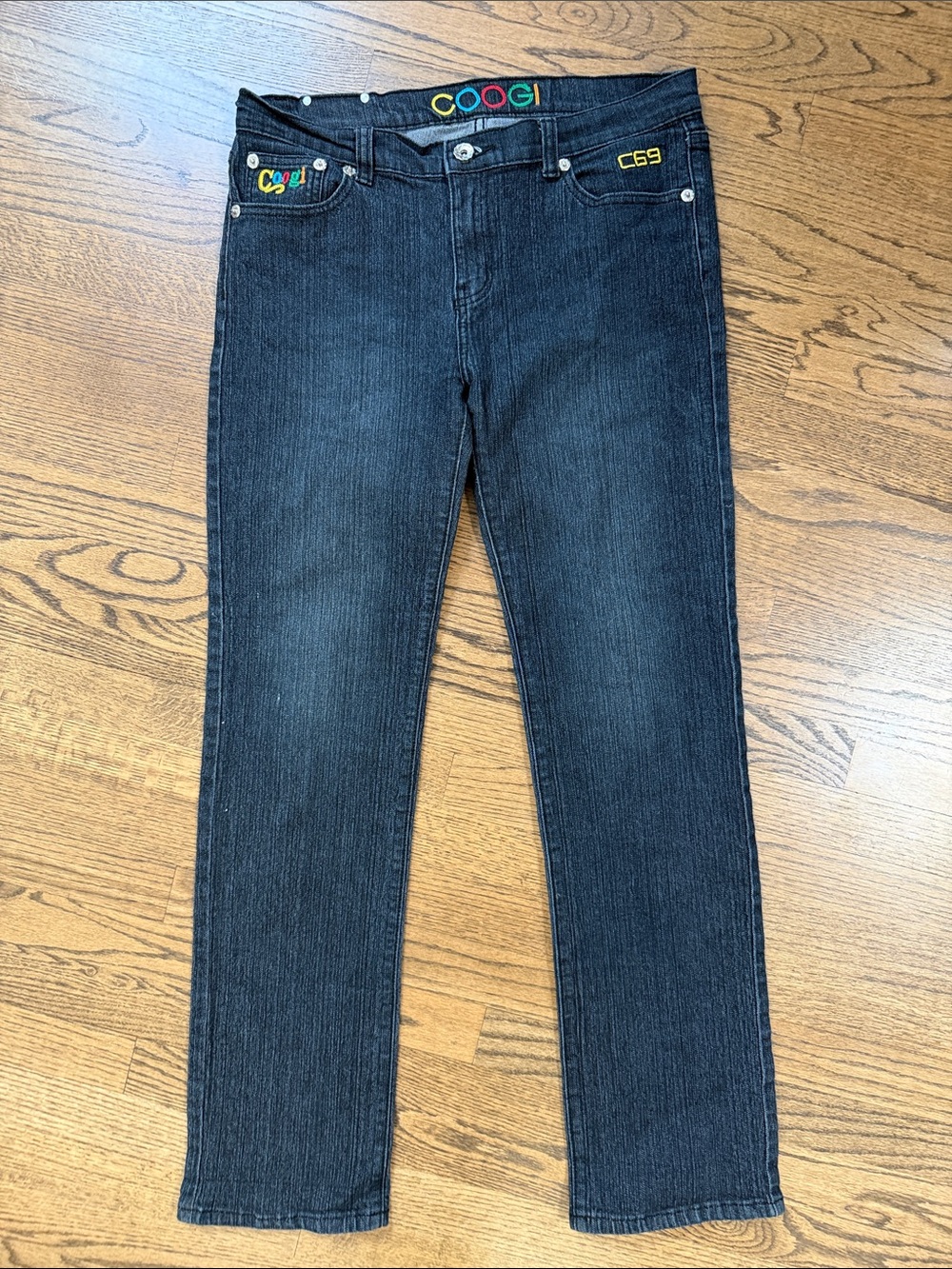 COOGI Black Denim Jeans with Multicolor Logo Accents